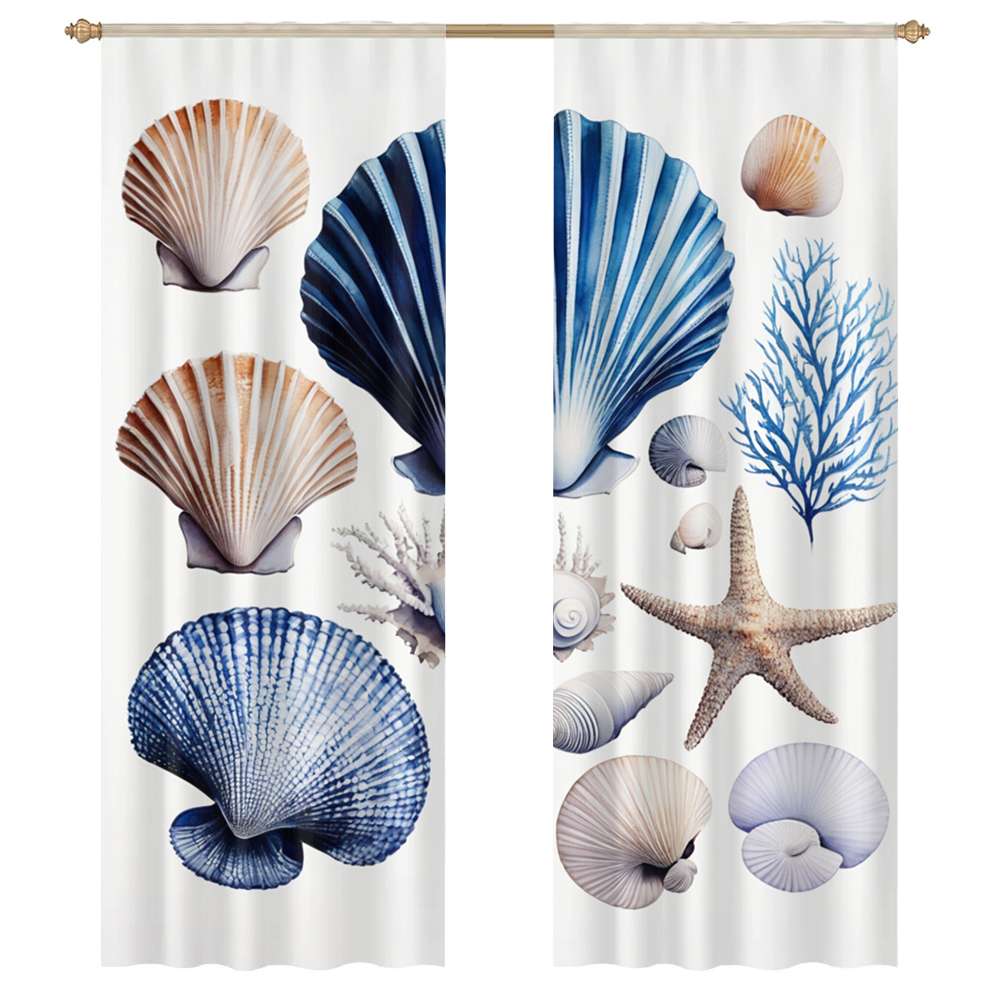 Blue Seashell Pattern Sheer Window Curtains for Living Room Kitchen ...