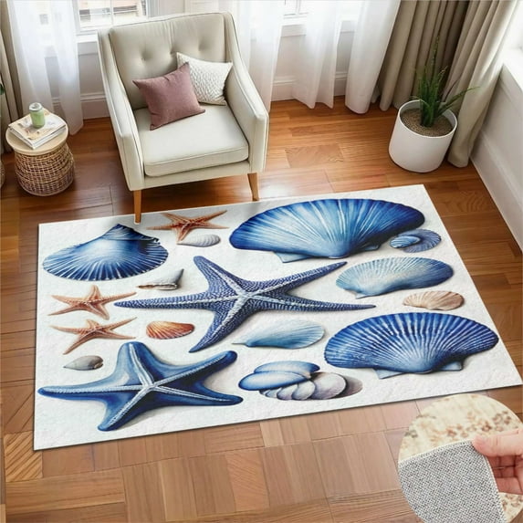 Blue Seashell Pattern Soft Large Area Rugs Washable Rug With Non-Slip Backing Carpet For Living Room Bedroom Kitchen