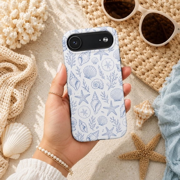 Blue Seashell Phone Case, Coastal Aesthetic Phone Cover, Beach Girl Summer iPhone Case, Ocean Lover Gift, Nautical Shell Pattern Case