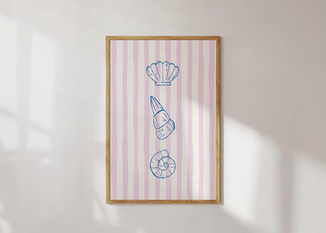 Blue Seashell Print Pink Stripe Printable Wall Art Print Coastal Decor ...