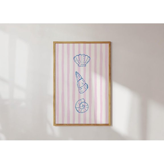 Blue Seashell Print Pink Stripe Printable Wall Art Print Coastal Decor Beach Bedroom Decor Summer Trendy Decor Aesthetic Prints Poster Decor, Unframed Poster Size 12x18 F03.1.22l495