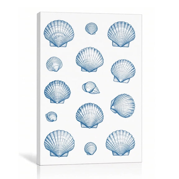 Blue Seashell Sketch Wall Art Nautical Canvas Print Coastal Line Art Gallery Wrapped Canvas Bathroom Decor 20"L x 30"W
