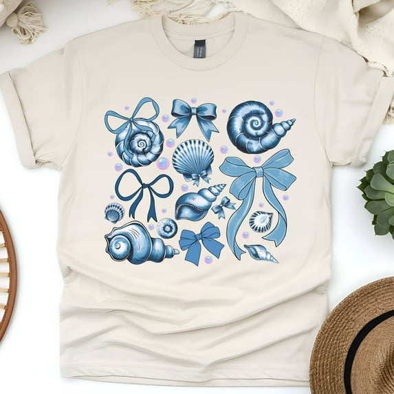 Blue Seashell and Bow T-Shirt, Elegant Ocean-Inspired Graphic Tee for Women, Natural, Size 4XL