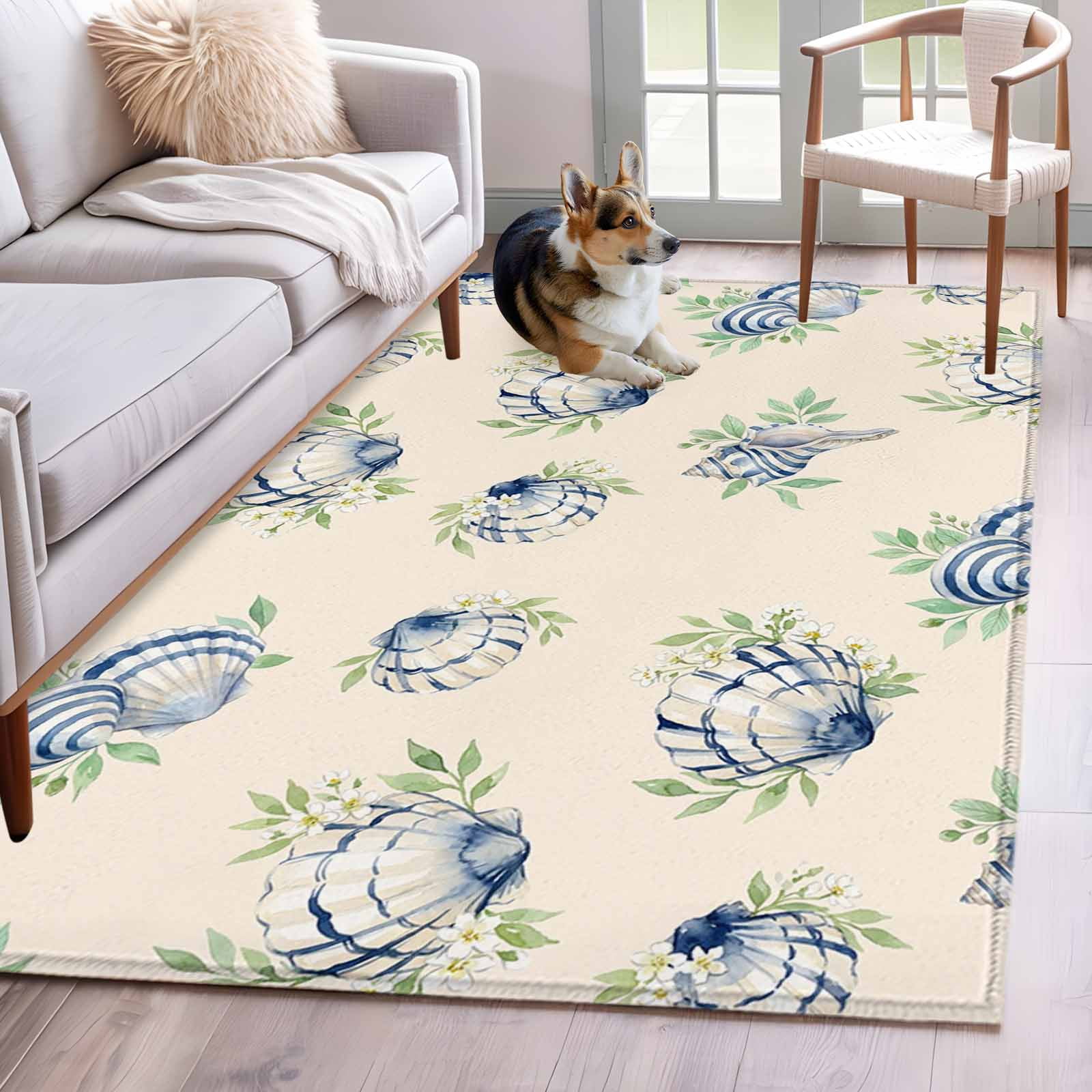 Blue Seashells 4x6 Area Rugs for Living Room, Coastal Vintage Leaf ...