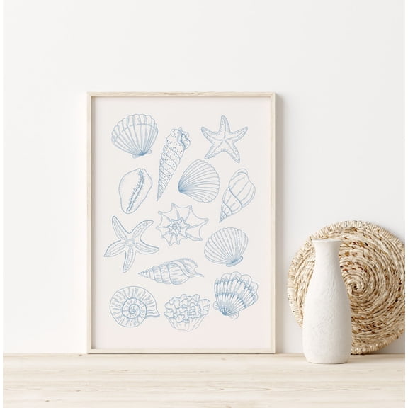 Blue Seashells Print, Coastal Wall Art