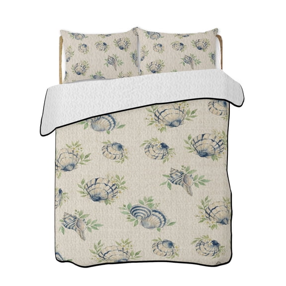 Blue Seashells Quilts Bedding Set California King Coastal Vintage Leaf Rustic Country Linen Texture Lightweight Quilted Bedspread 3 Piece Bed Quilt with 2 Pillow Shams for Bedroom 96" x 106"