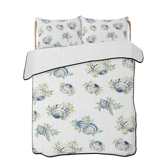 Blue Seashells Quilts Bedding Set Queen Size Watercolor Coastal Green Leaf Rustic Country Lightweight Quilted Bedspread 3 Piece Bed Quilt with 2 Pillow Shams All Season for Bedroom 78" x 90"