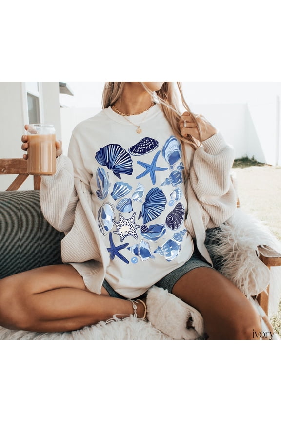 Blue Seashells And Starfish Beach Shirt, Coastal Ocean Shell Graphic Tee, Summer Beach Vacation Aesthetic Shirt Comfort Colors Unisex Cotton T-Shirt, Size S-3XL