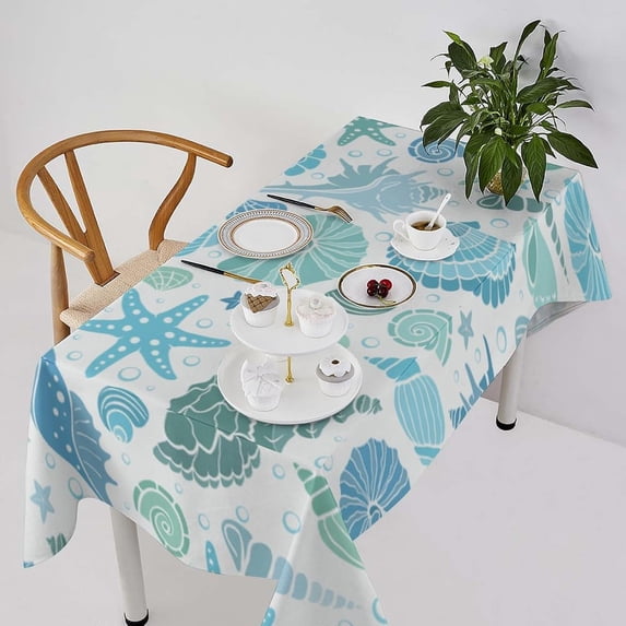 Blue Seashells Table Cloth, Summer Ocean Colorful Seashells Shellfish Bubbles Tablecloth for Dining Room Party Banquet, Rectangle(60x102in)