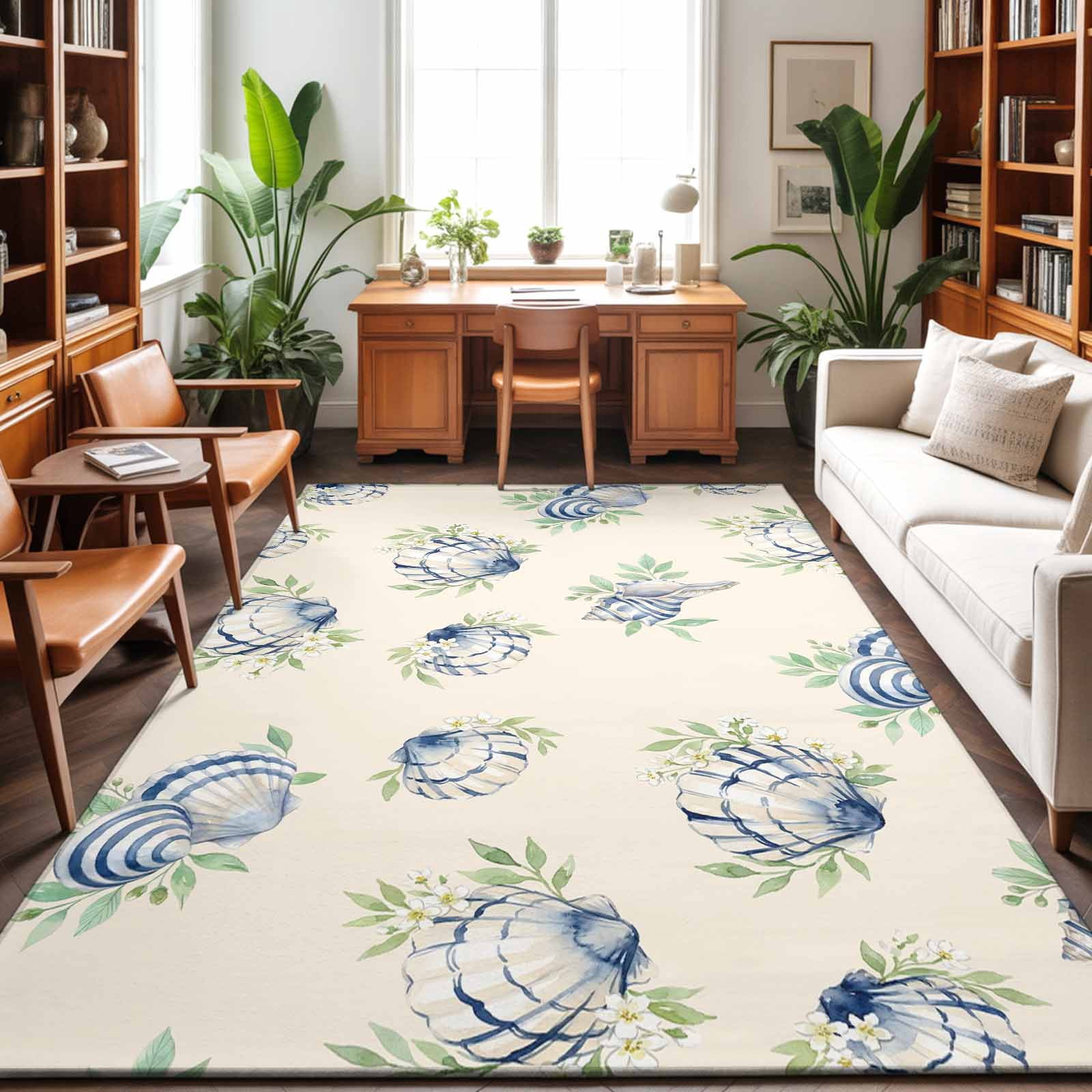 Blue Seashells Washable Area Rug 4 x 6 ft Coastal Vintage Leaf Rustic ...
