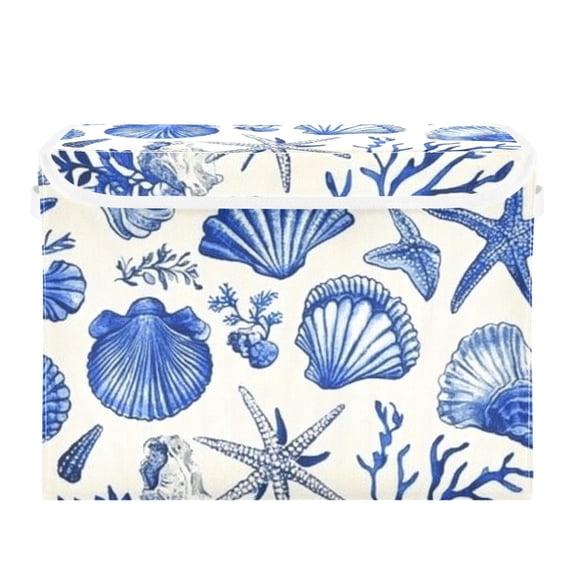 Blue Seashells and Starfish Large Storage Bins with Linen Collapsible Lid Storage Box 16.7 x 12.6 x 11.8in