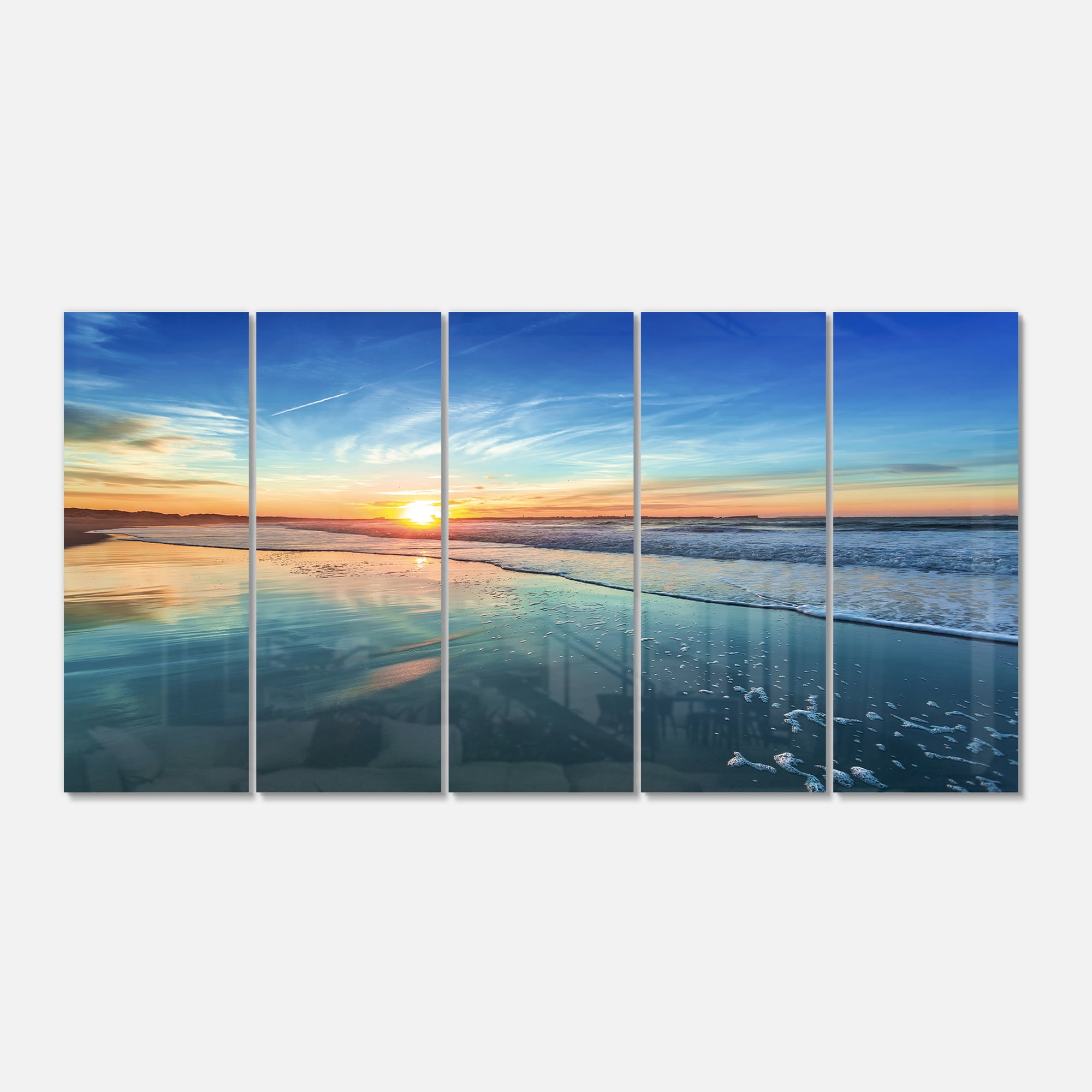 Blue Seashore with Distant Sunset 28 in x 60 in Painting Art Prints, by Designart