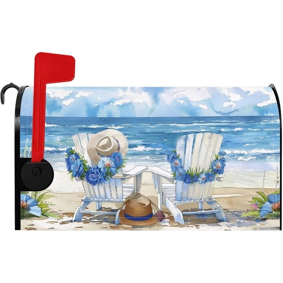 Blue Seaside Mailbox Covers Watercolour Beachside Wood Chair Flower Leaves Magnetic Mailbox Cover Summer Holiday Mail Box Post Letter Box Wraps for Home Yard Decor Standard Size 18x21 Inch