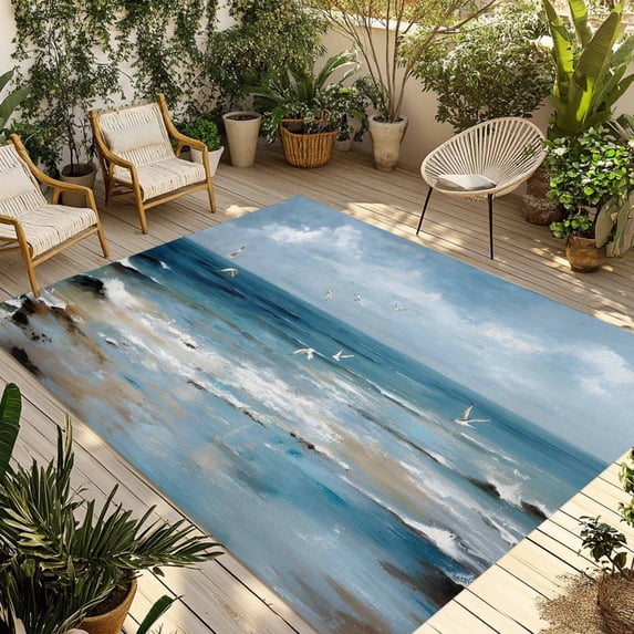 Blue Seaside Outdoor Rug for Patio/Deck/Porch, Non-Slip Large Area Rug 6 x 9 Ft, Waves Birds Modern Oil Painting Summer Beach Indoor Outdoor Rugs Washable Area Rugs, Camping Rug Carpet Runner
