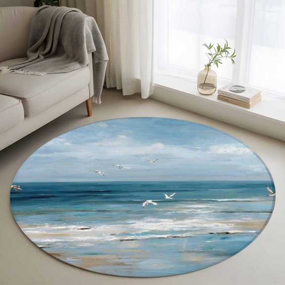 Blue Seaside Round Area Rug 3Ft Washable Small Circle Rugs for Kitchen Entryway, Waves Birds Modern Oil Painting Summer Beach Non-Slip Carpet Floor Mats Indoor Outdoor Carpet Runner Home Decor