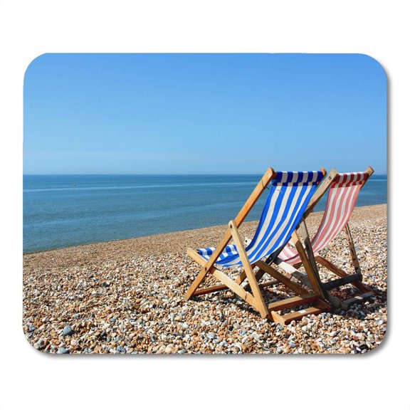 Blue Seaside Two Deckchairs on Pebbled Beach Facing Out Mousepad Mouse Pad Mouse Mat 9x10 inch