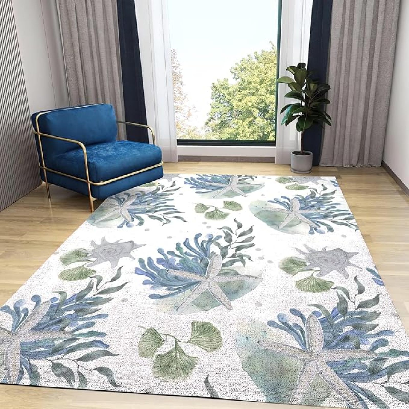 Blue Seaweed Starfish Area Rug, Coastal Ocean Theme Non Slip Easy Care ...
