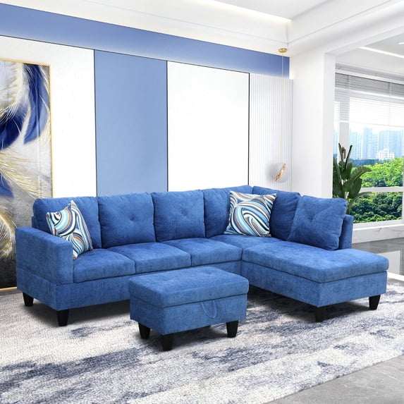 Blue Sectional Sofa, Linen Sectional Sofa, L Shape Sofa and Lounge Sofa for Living Room Furniture Set