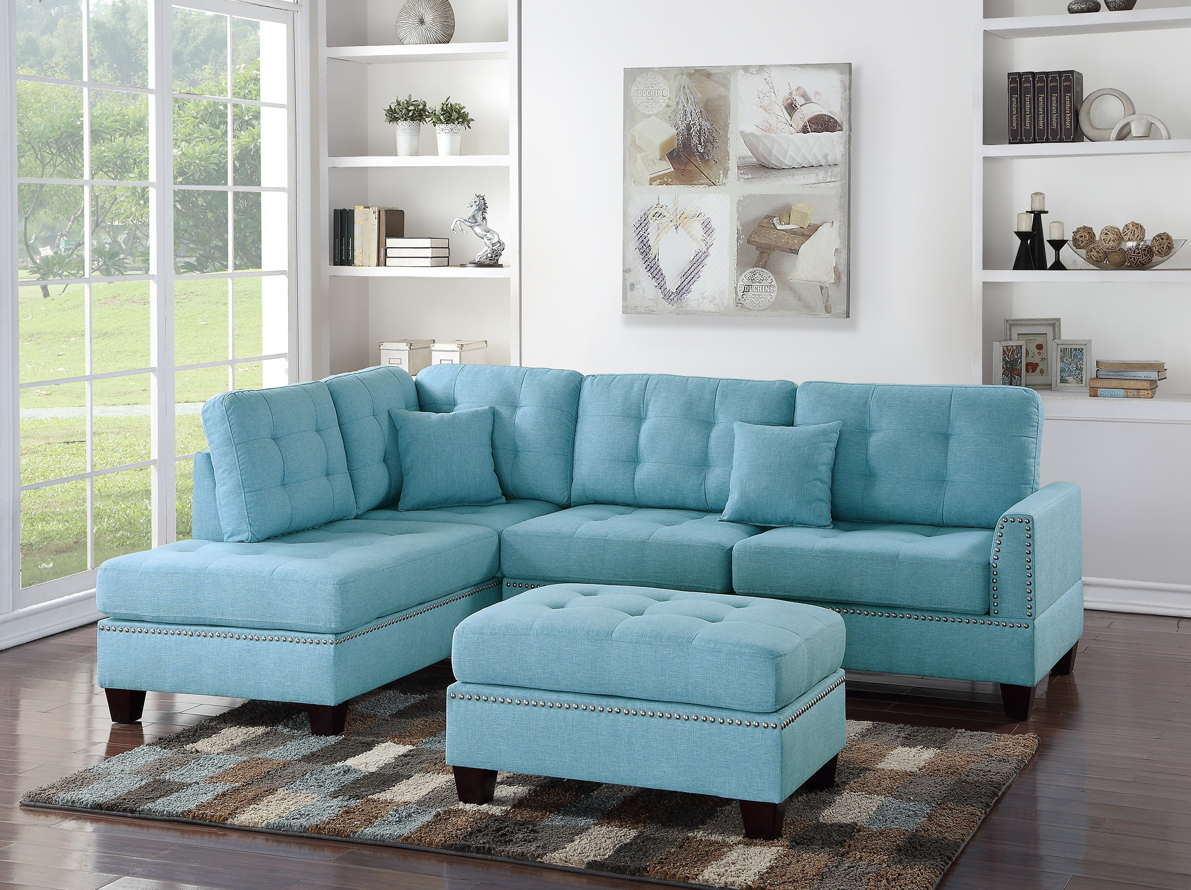 Blue Sectional Sofa with Reversible Chaise and Ottoman, Tufted Linen