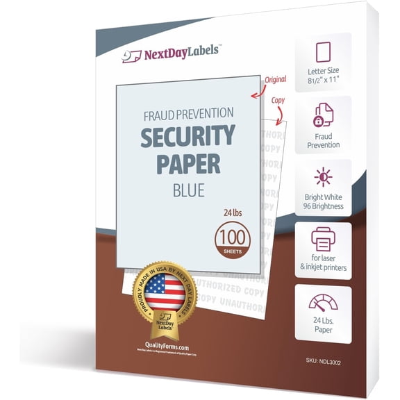 Blue Security Paper Multi-Purpose UNAUTHORIZED COPY Fraud Prevention Laser & Inkjet Printer Compatible 8.5" x 11 24 lb 100 Sheets