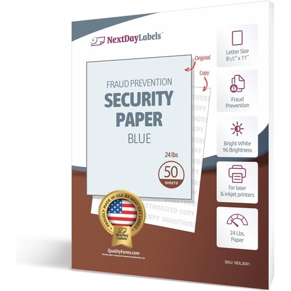 Blue Security Paper Multi-Purpose UNAUTHORIZED COPY Fraud Prevention Laser & Inkjet Printer Compatible 8.5" x 11 24 lb 50 Sheets