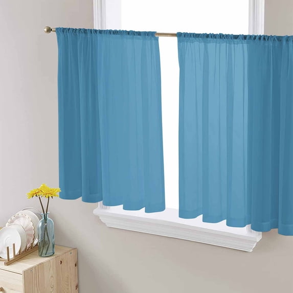 Blue Semi Sheer Curtains 45 Inch Length 2 Panels Set, Modern Pure Wave Ride Sheer Kitchen Curtain Privacy Voile Window Curtain for Living Room Bedroom Rod Pocket Drapes