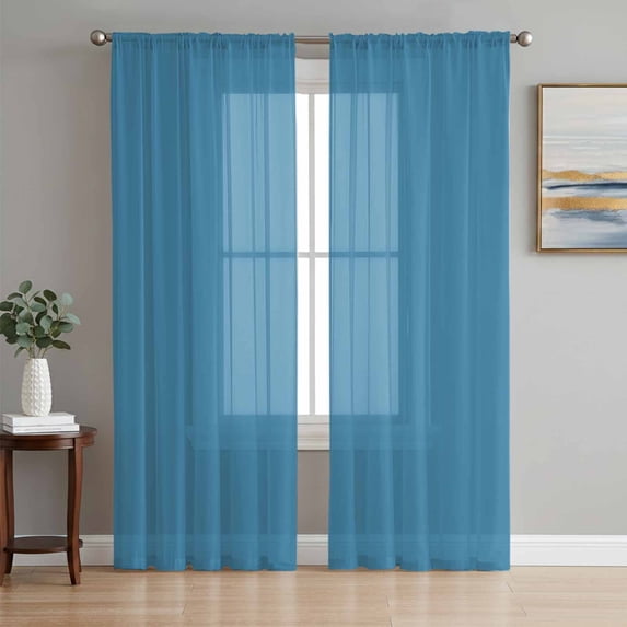Blue Semi Sheer Window Curtains 72 Inches Long, Modern Pure Wave Ride Rod Pocket Voile Silky Chiffon Curtain Light Filtering Drapes for Living Room, Kitchen, Bedroom, 52"x72", 2 Panels