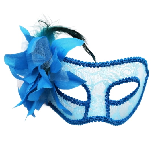 Blue Semi-Transparent Glitter Lace Feather Mask, Lace Masquerade Mask, Masquerade Mask for Women, Mask for Masquerade Party, 7X3 Inch Halloween Accessory with Side Fabric Flower