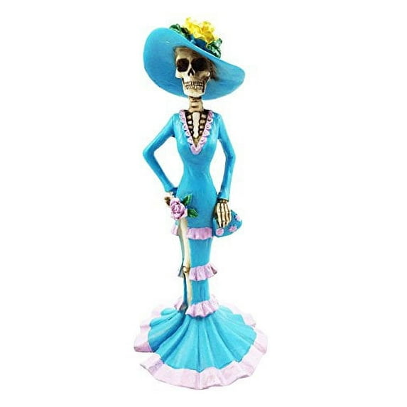Blue Senorita Upper Class Ballroom Dressed Skeleton Lady Day Of The Dead Figurine Sculpture