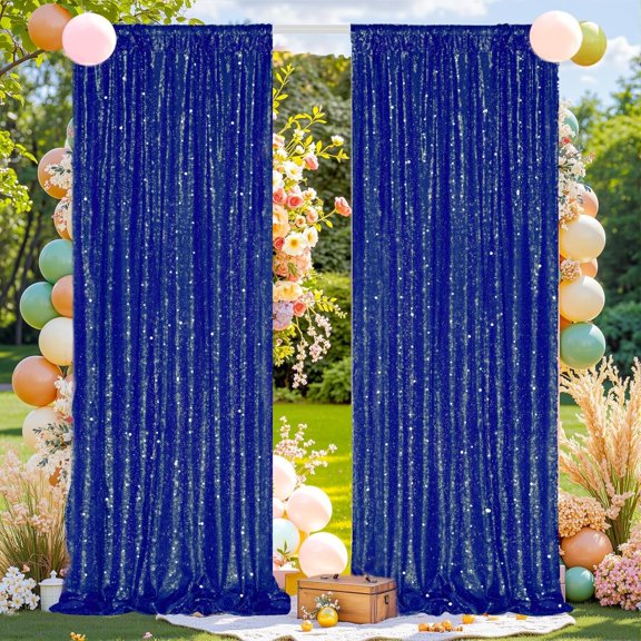 Blue Sequin Backdrop Curtains 2Panel 2x8ft for Party Photo Decor | & High Density Glitter Shiny Drape Background for Halloween Christmas Birthday Wedding Grad Decoration