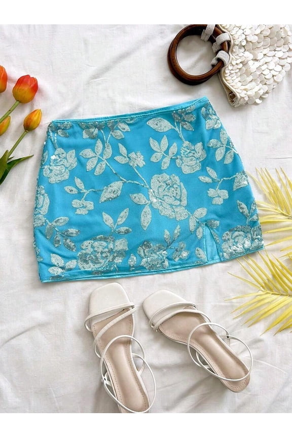 Blue Sequin Floral Embroidered Mini Skirt With High Slit And Low Waist For Women
