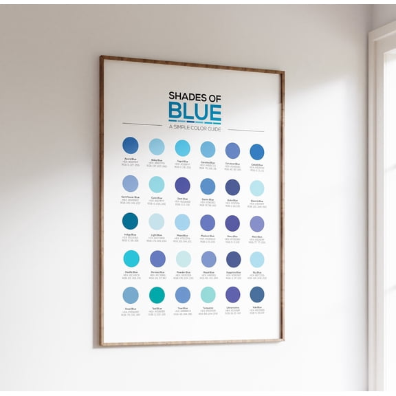 Blue Shades Color Chart Hex RGB Poster, Unframed Paper Poster 8x10in