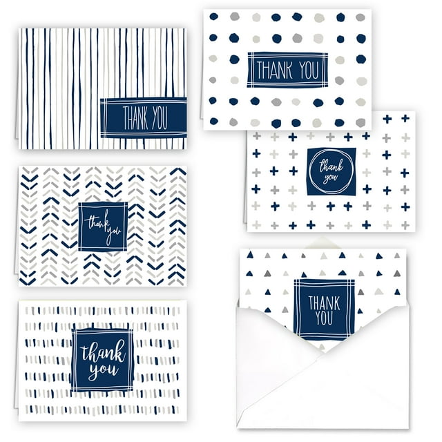 Blue Shapes Thank You Note Card Assortment set of 36