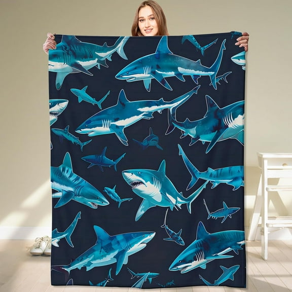 Blue Shark Blanket,Vibrant Deep Sea Sharks Throw Blankets,Gifts for Kids & Marine Life Lovers,Lightweight Soft Fleece,for Picnic Sofa Couch Bed Room Travel,Birthday Decor,60x80in