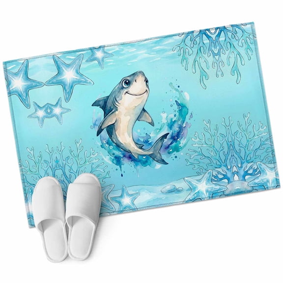 Blue Shark Coastal Bathroom Rug Washable 2x3 Entryway Rug Non Slip Summer Beach Coral Ocean Nautical Front Door Mat Low Pile Indoor Doormat Throw Floor Carpet for Kitchen Bedroom Entrance