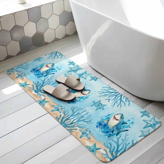 Blue Shark Coastal Bathroom Runner Rugs Non Slip Washable Absorbent Narrow Long Bath Mat Summer Beach Starfish Coral Nautical Ocean Runner Rugs for Kitchen Hallway Bedroom Laundry 31.5"x63"