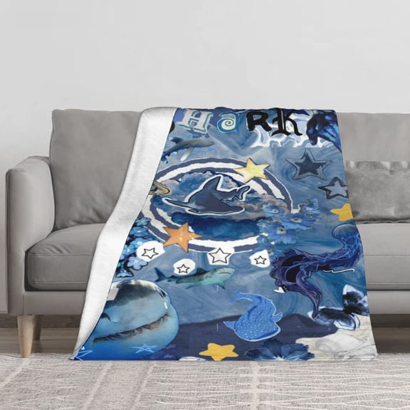 Blue Shark Collage Galaxy Planet Floral Star Cloud Flannel Throw Blanket, Reversible Sherpa Fleece Cool Coquette Marine Space Aesthetic Decor Blanket for Sofa Bed, Shark Lover Cozy Gift Blanket