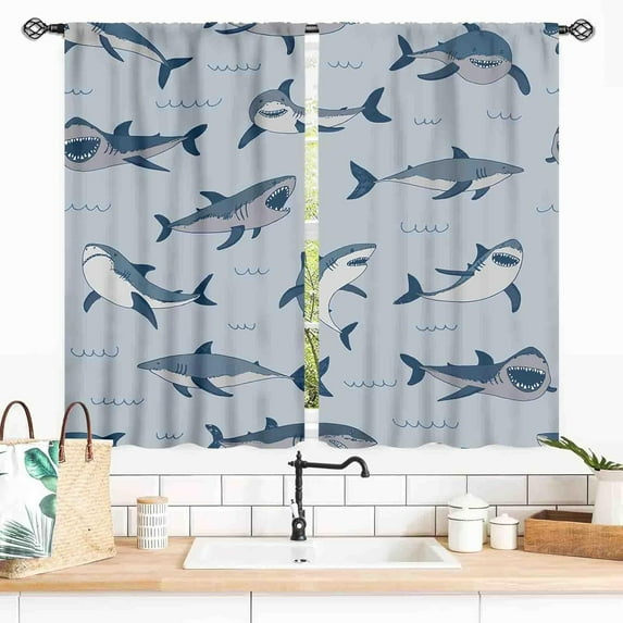Blue Shark Curtains, Underwater Fish Ocean Animals Shark Fish Sea World Marine Cartoon Window Drapery Treatments for Kids Boys Girl Baby Bedroom Living Room Nursery Bathroom 2 Panels, 27.5x36 Inch