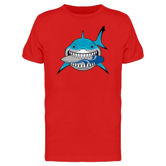 Blue Shark Eating Surfboard Tee Men's -Image by Shutterstock