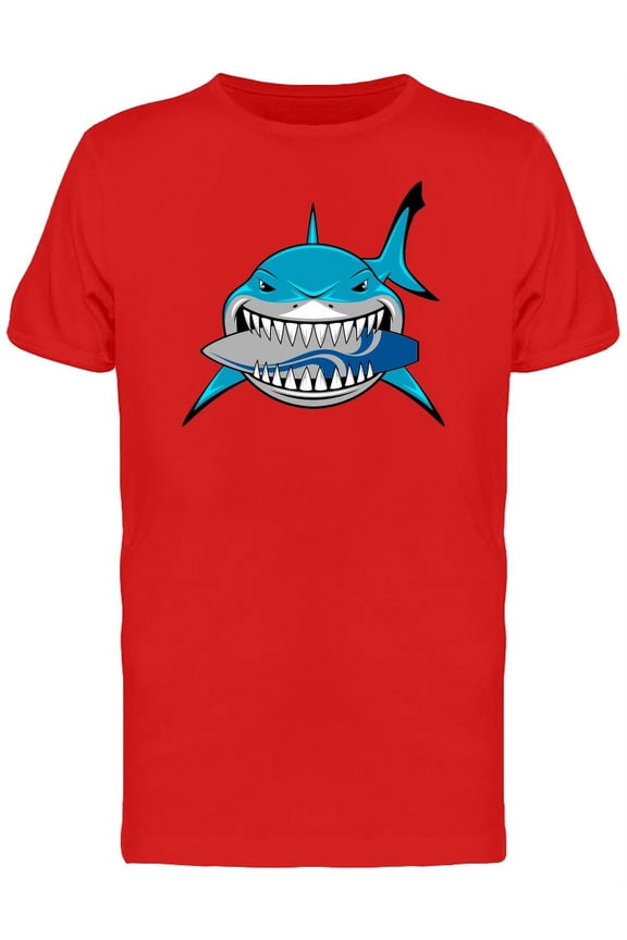 Blue Shark Eating Surfboard Tee Men's -Image by Shutterstock