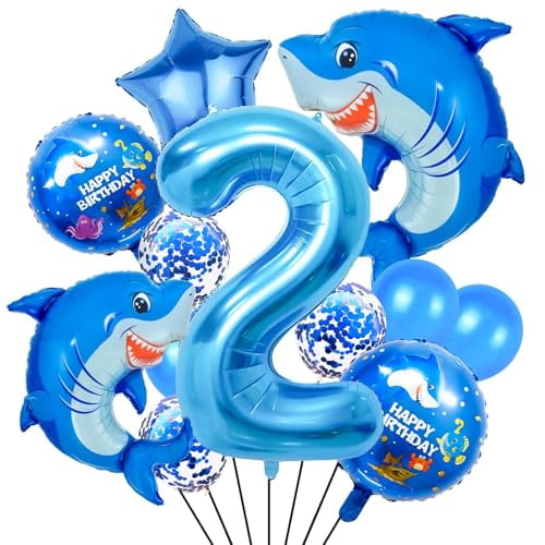 Blue Shark Number 2 Foil Balloon 40 Inch, Cute Shark Themed Birthday Party Decoration for Kids, Anniversary Banquet Supplies, Giant Mylar