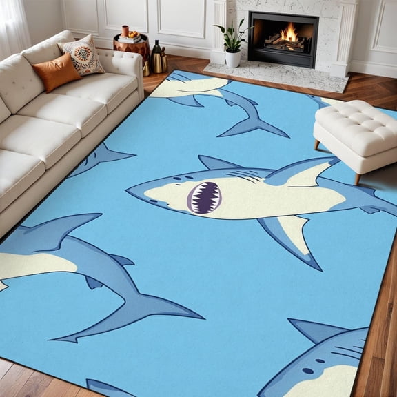 Blue Shark Ocean Area Rug, Cartoon Marine Animal Pattern Carpet, Washable Non Slip Low Pile Soft Thin, Living Room Bedroom Dining Office Home Decor Mat 2x3ft