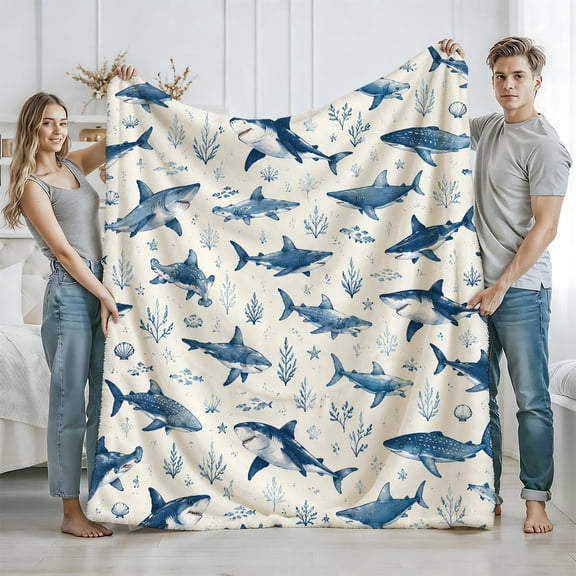 Blue Shark Pattern Blanket, Lightweight Flannel Throw for Sofa, Bed, Travel, Livingroom, Office, Couch, Chair, and Bed Digital Printing Blanket with Soft and Warm Flannel Fabric
