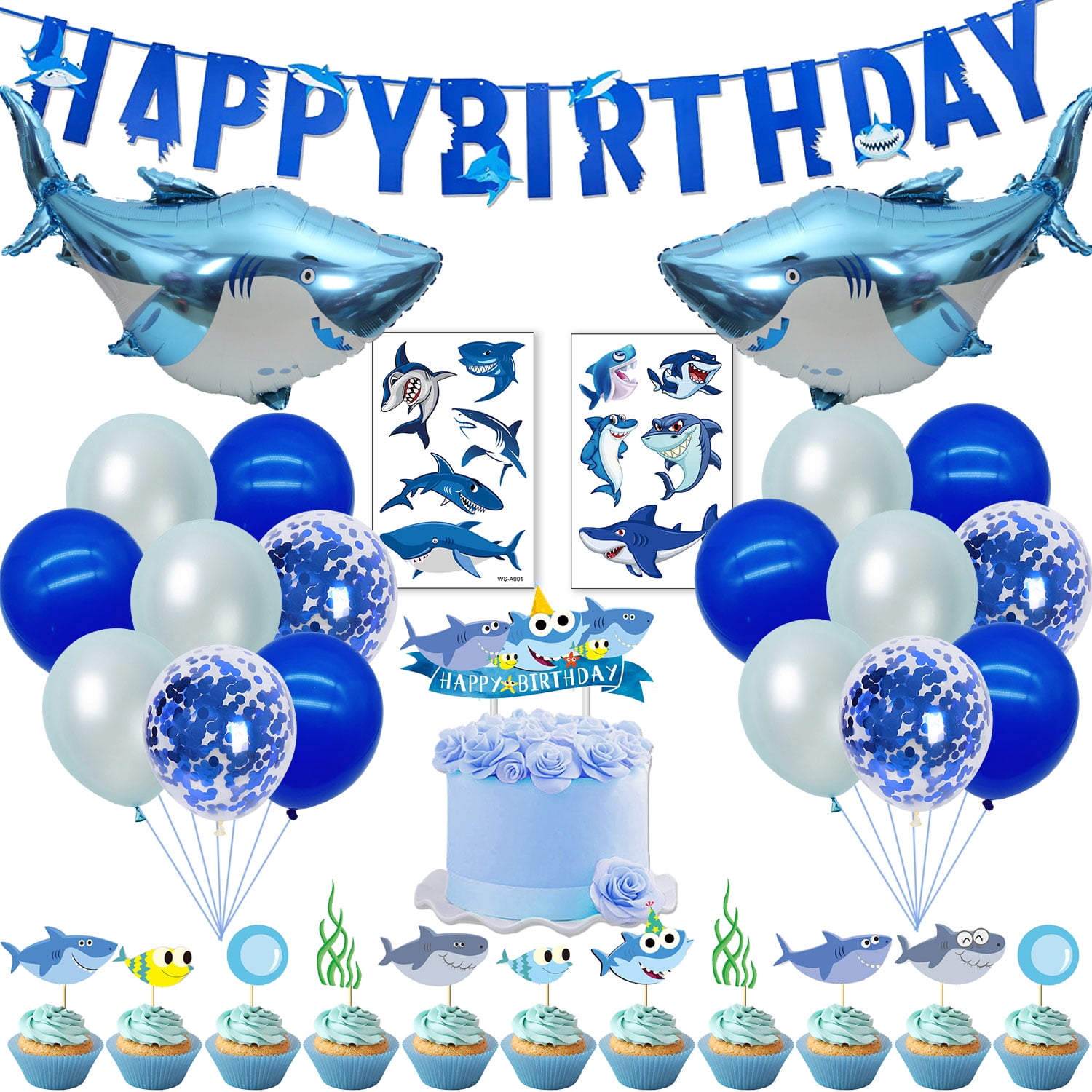 Blue Shark Theme Birthday Decorations, Blue Cartoon Shark Balloons Cake  Toppers Happy Birthday Banner for Ocean Theme Boys Shark Birthday Party  Decor Supplies 