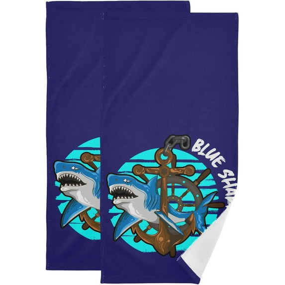 Blue Shark Vintage Hand Towels 2 PCS, Summer Kitchen Towel Ultra Soft and Highly Absorbent,Decorative Fingertip Face Towel for Bathroom Hotel, 28.3"x14.4"