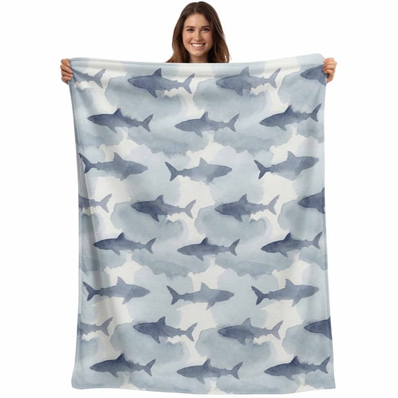 Blue Sharks Coastal Blanket Soft Cozy Warm Throw Blanket for Couch, Plush Fuzzy Flannel Fleece Blankets for Sofa, Summer Beach Ocean Nautical Bed Blankets Lightweight Gifts for Women, 50"x60"