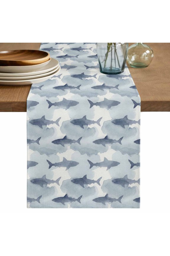 Blue Sharks Coastal Table Runner, Summer Beach Ocean Nautical Washable Cotton Linen Table Runners 120 Inches Long, Dresser Scarf Runner for Dining/Living Room/Kitchen/Square Tables 13''x120''