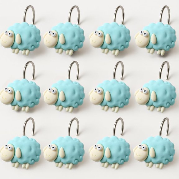 Blue Sheep Shower Curtain Hooks 12-Piece Set Cute Resin Animal Decorative Curtain Rings for Adult Bathrooms Kids Rooms