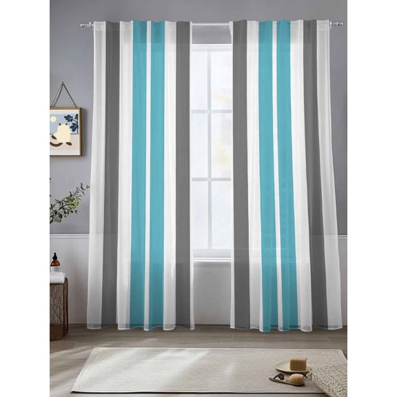 Blue and Sheer Curtains 108 inches Long, Grey Striped Rectangular Geometric Light Filtering Sheer Window Curtains Rod Pocket Voile Drapes for Bedroom Living Room, 2 Panels