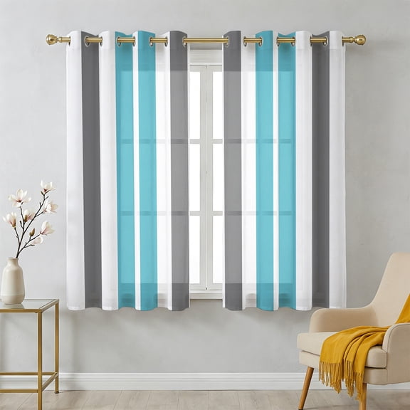 Blue and Sheer Curtains 45 Inch Long 2 Panels, Grey Striped Rectangular Geometric Light Filtering Semi Sheer Drapes Grommet Voile Window Curtain for Living Bedroom W42 x L45